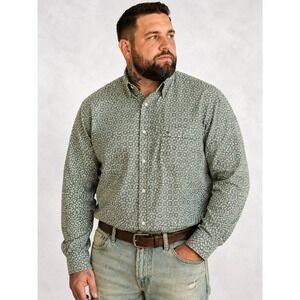 Verte Vallee Mens XL Green Geometric Print Cotton Button Down Shirt Vintage Look